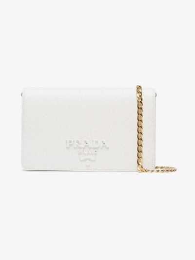 Shop Prada White Leather Monogram Clutch