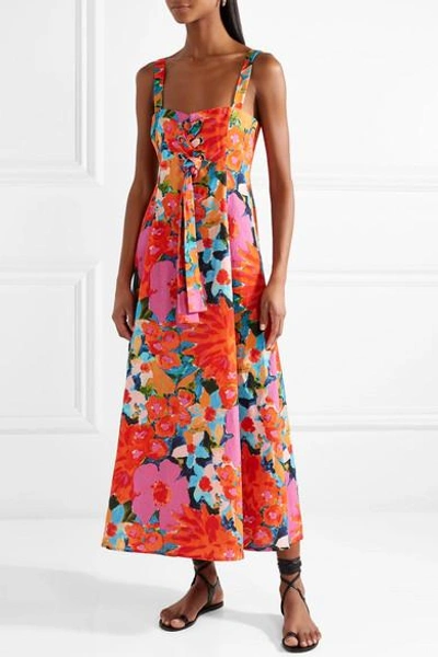 Shop Mara Hoffman Mei Lace-up Floral-print Tencel And Linen-blend Dress In Pink