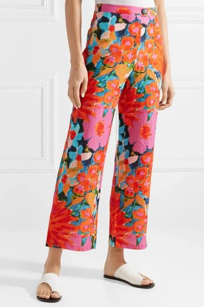 Shop Mara Hoffman Arlene Floral-print Tencel And Linen-blend Flared Pants In Pink