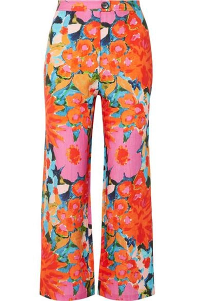 Shop Mara Hoffman Arlene Floral-print Tencel And Linen-blend Flared Pants In Pink