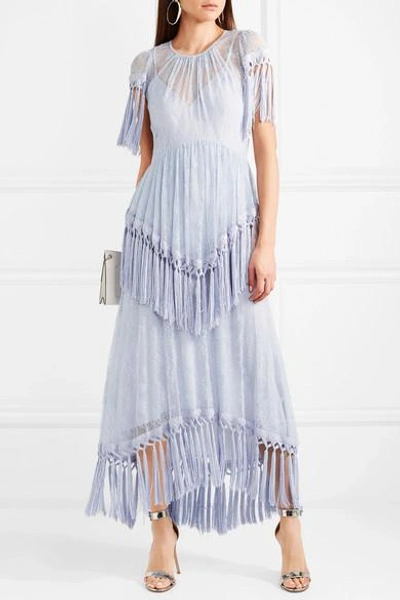 Shop Alice Mccall More Than A Woman Fringed Chantilly Lace Dress In Blue