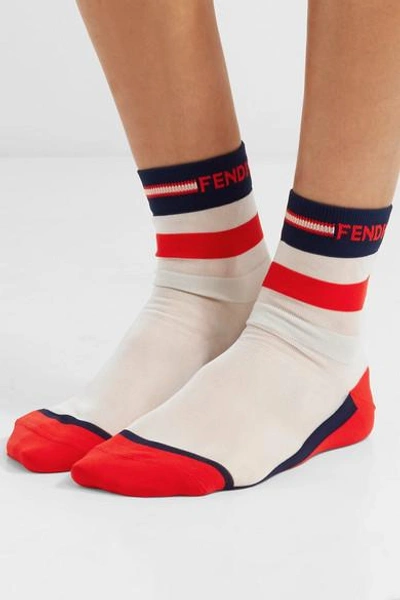 Shop Fendi Striped Knitted Socks In White