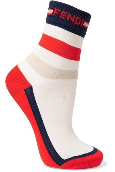 Shop Fendi Striped Knitted Socks In White