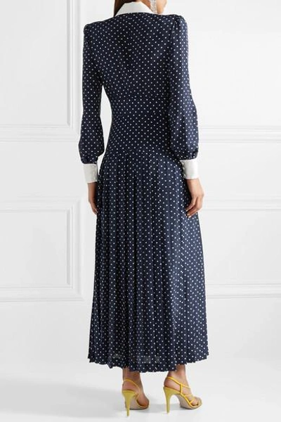 Shop Alessandra Rich Pleated Polka-dot Silk Crepe De Chine Midi Dress In Navy