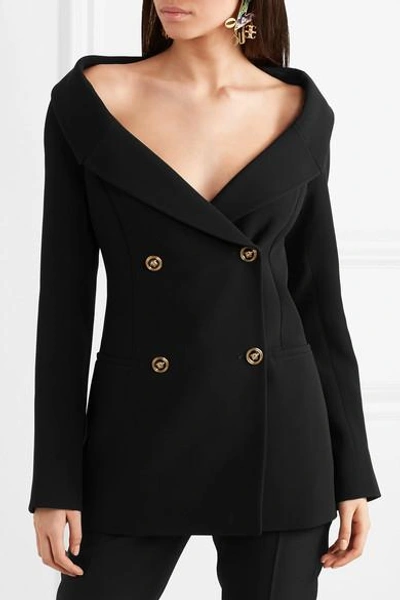 Shop Versace Off-the-shoulder Double-breasted Silk Blazer In Black