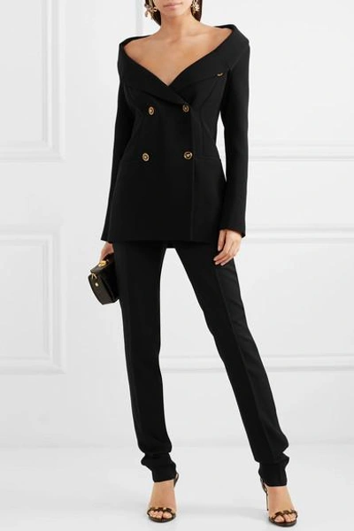 Shop Versace Off-the-shoulder Double-breasted Silk Blazer In Black
