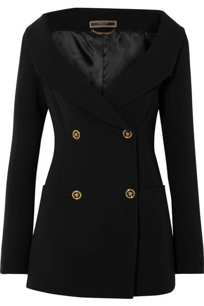 Shop Versace Off-the-shoulder Double-breasted Silk Blazer In Black