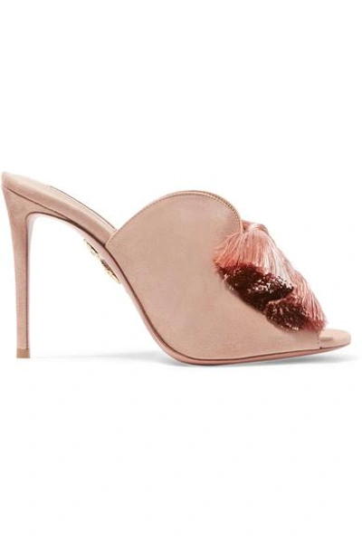 Shop Aquazzura Lotus Blossom Fringed Bow-embellished Suede Mules In Baby Pink