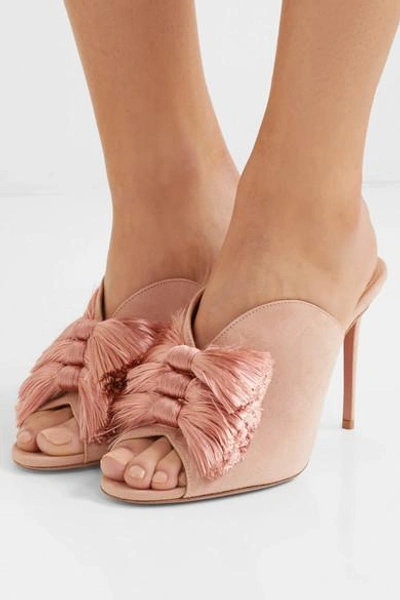 Shop Aquazzura Lotus Blossom Fringed Bow-embellished Suede Mules In Baby Pink