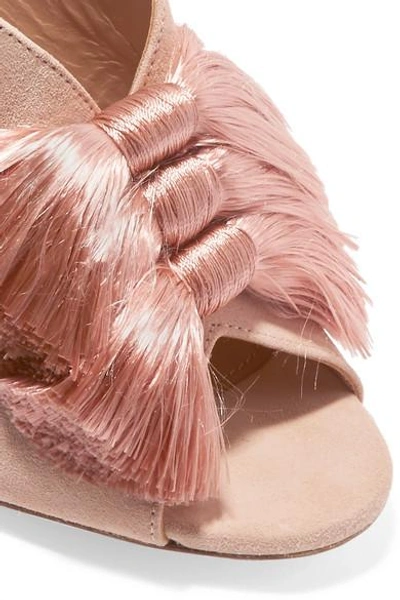 Shop Aquazzura Lotus Blossom Fringed Bow-embellished Suede Mules In Baby Pink