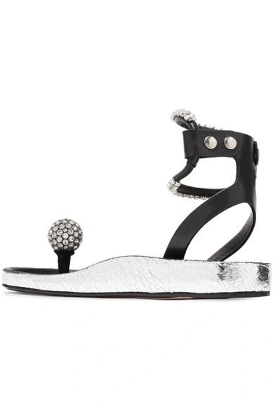 Shop Isabel Marant Ecly Crystal-embellished Smooth And Cracked-leather Sandals In Silver
