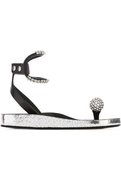 Shop Isabel Marant Ecly Crystal-embellished Smooth And Cracked-leather Sandals In Silver
