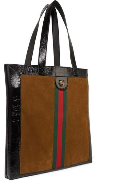 Shop Gucci Ophidia Medium Patent Leather-trimmed Suede Tote In Tan