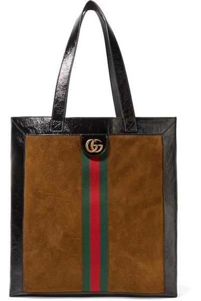 Shop Gucci Ophidia Medium Patent Leather-trimmed Suede Tote In Tan