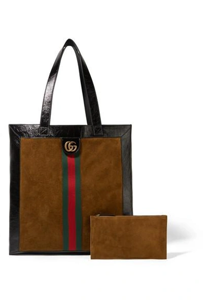 Shop Gucci Ophidia Medium Patent Leather-trimmed Suede Tote In Tan