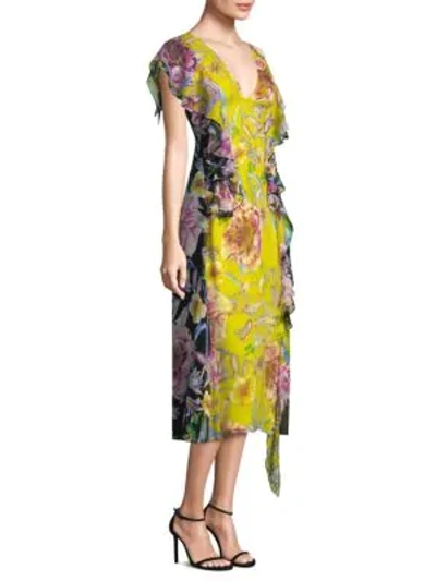 Shop Prabal Gurung Floral Chiffon Midi Dress In Lemon Black Floral
