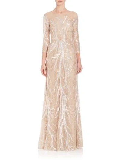 Shop David Meister Embroidered Sequin Gown In Nude Silver