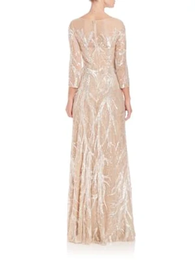 Shop David Meister Embroidered Sequin Gown In Nude Silver