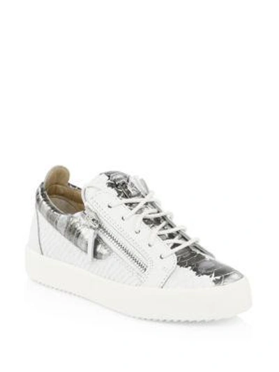 Shop Giuseppe Zanotti Snake-embossed Leather Low-top Sneakers In White Silver