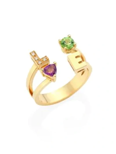 Shop Delfina Delettrez Love Diamond, Peridot, Amethyst & 18k Yellow Gold Ring In Gold Multi