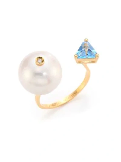 Shop Delfina Delettrez Diamond, Pearl & Topaz Trillion Ring In Gold Multi