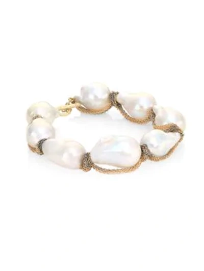 Shop Jordan Alexander 15mm White Baroque Freshwater Pearl & 18k Tri-tone Gold Bracelet In Gold White