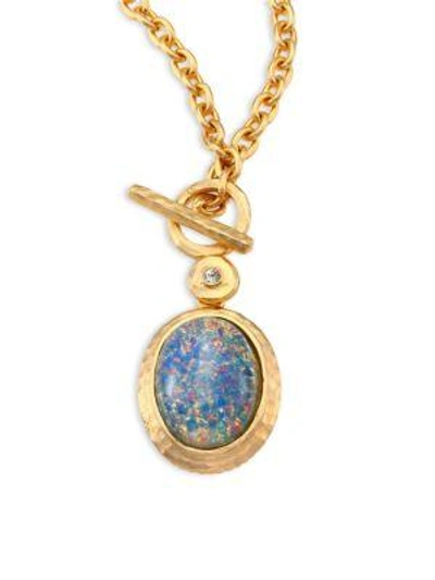 Shop Kenneth Jay Lane Blue Opal & Crystal Toggle Pendant Necklace In Satin Gold