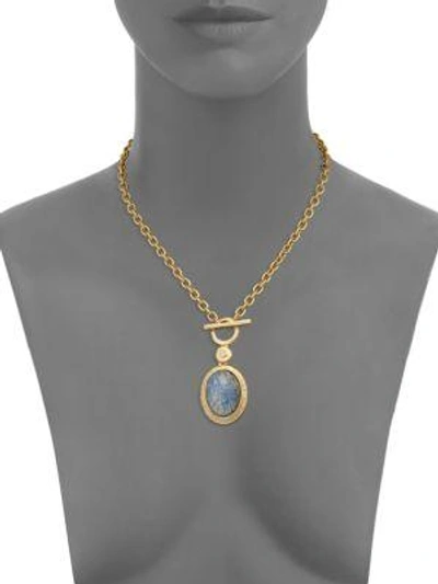 Shop Kenneth Jay Lane Blue Opal & Crystal Toggle Pendant Necklace In Satin Gold