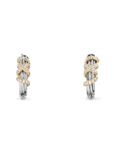 Shop David Yurman Helena Small Hoop Earrings With Diamonds & 18k Yellow Gold In Silver Gold