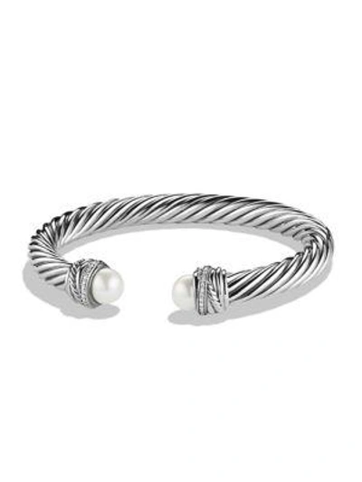 Shop David Yurman Cable Classic Crossover Bracelet With Pearls And Diamonds/7mm In Silver Pearl