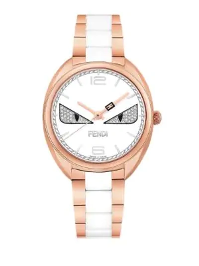 Shop Fendi Momento  Bug Diamond, Rose Goldtone Stainless Steel & Ceramic Bracelet Watch In Rose Gold White