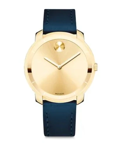 Shop Movado Mid-size  Bold Crystal Leather-strap Watch In Navy Yellow Gold