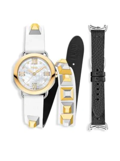 Shop Fendi Selleria White Mother-of-pearl Leather Strap Watch Set In White Gold