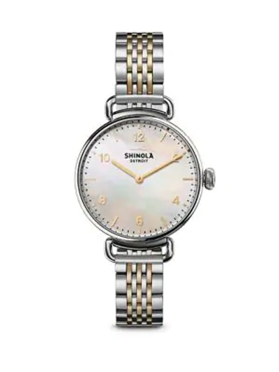 Shop Shinola Canfield Mother-of-pearl & Two-tone Stainless Steel Bracelet Watch In Silver Gold