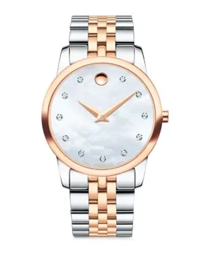 Shop Movado Museum Classic Diamond, Mother-of-pearl, Rose Gold & Stainless Steel Link Bracelet Watch In Silver Rose Gold