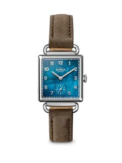 Shop Shinola The Cass Mother-of-pearl, Stainless Steel & Double-wrap Leather Strap Watch In Brown Blue