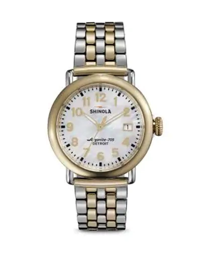 Shop Shinola Runwell Mother-of-pearl & Two-tone Stainless Steel Bracelet Watch In Gold Silver