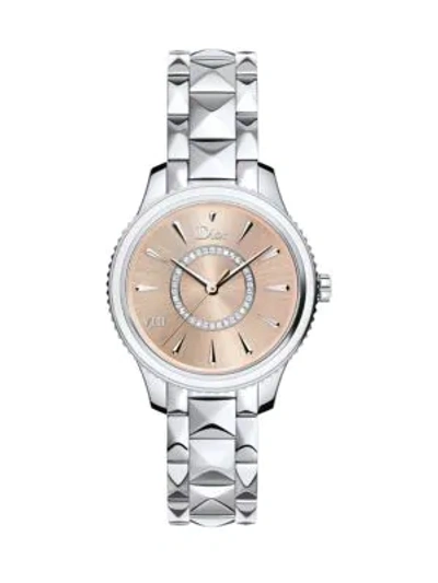 Shop Dior Viii Montaigne Diamond, Mother-of-pearl & Two-tone Stainless Steel Bracelet Watch In Silver Pink