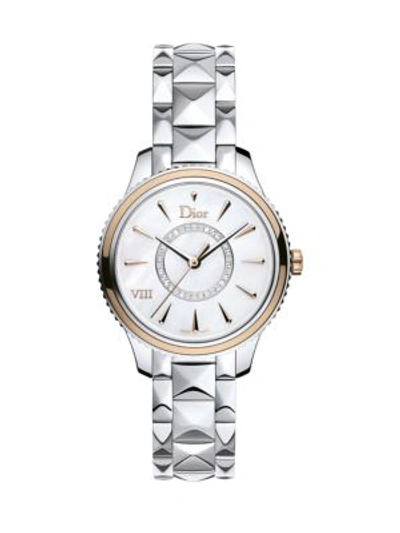 Shop Dior Viii Montaigne Diamond, 18k Rose Gold, Alligator & Stainless Steel Watch In Silver Pink