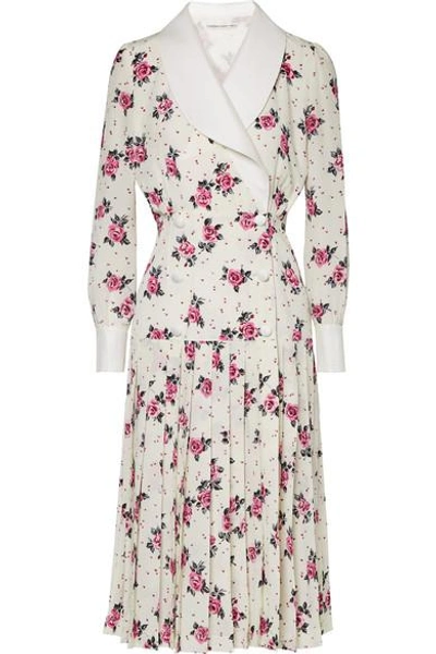 Shop Alessandra Rich Pleated Floral-print Silk Crepe De Chine Midi Dress In Ivory