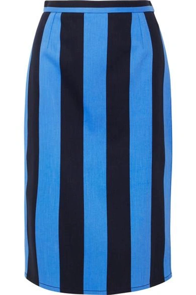 Shop Prada Striped Denim Midi Skirt In Blue