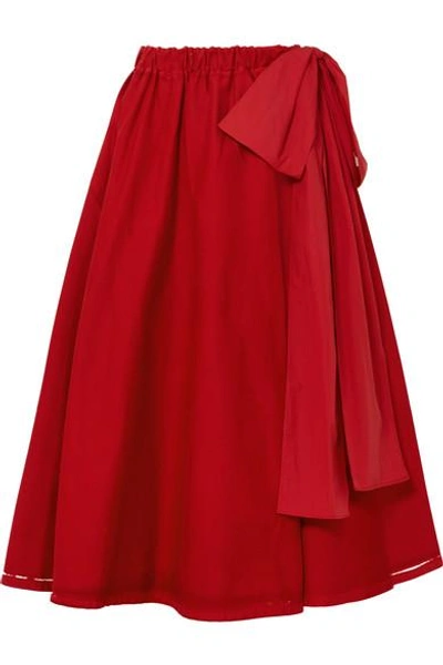 Shop Prada Bow-embellished Printed Stretch-denim Midi Skirt In Red