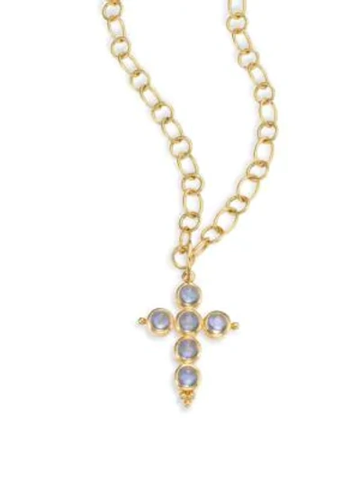 Shop Temple St Clair Blue Moonstone & 18k Yellow Gold Small Cross Pendant In Gold Blue