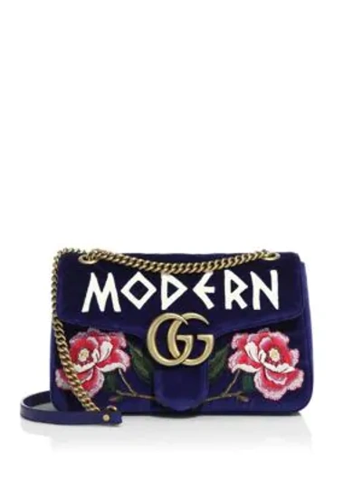 Shop Gucci Gg Marmont Medium Embroidered Velvet Chain Shoulder Bag In Blue Multi