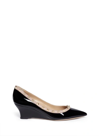 Valentino Garavani 'rockstud' Patent Leather Wedge Pumps In Eero