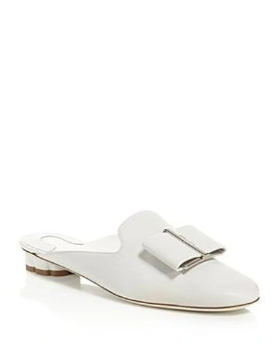 Shop Ferragamo Women's Leather Floral Heel Mules In New Bianco White/silver
