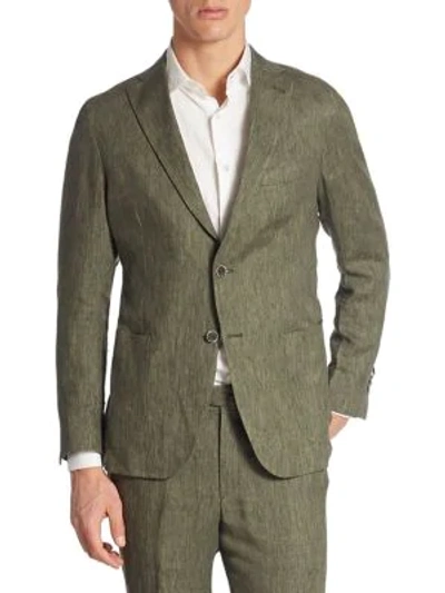 Shop Saks Fifth Avenue Collection Garment-washed Linen Suit Jacket In Olive Green