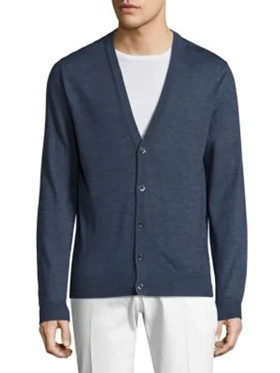 Shop Isaia Men's Ribbed Wool Cardigan In Avio