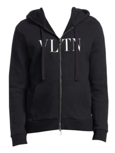 Shop Valentino Logo Zip Up Hoodie In Black