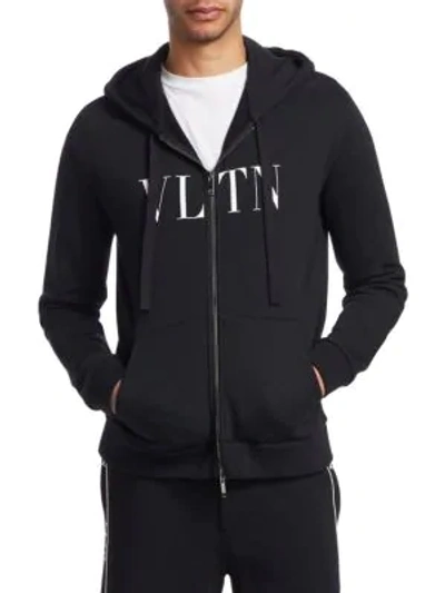 Shop Valentino Logo Zip Up Hoodie In Black
